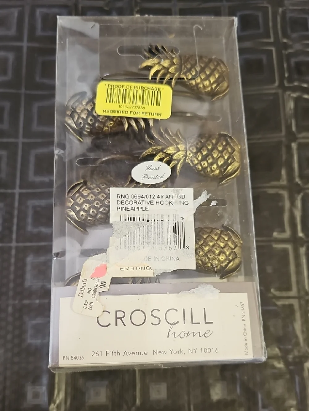 NIB Croscill Home Pineapple Shower Curtain Hooks - Set of 12 - Bronze/Gold